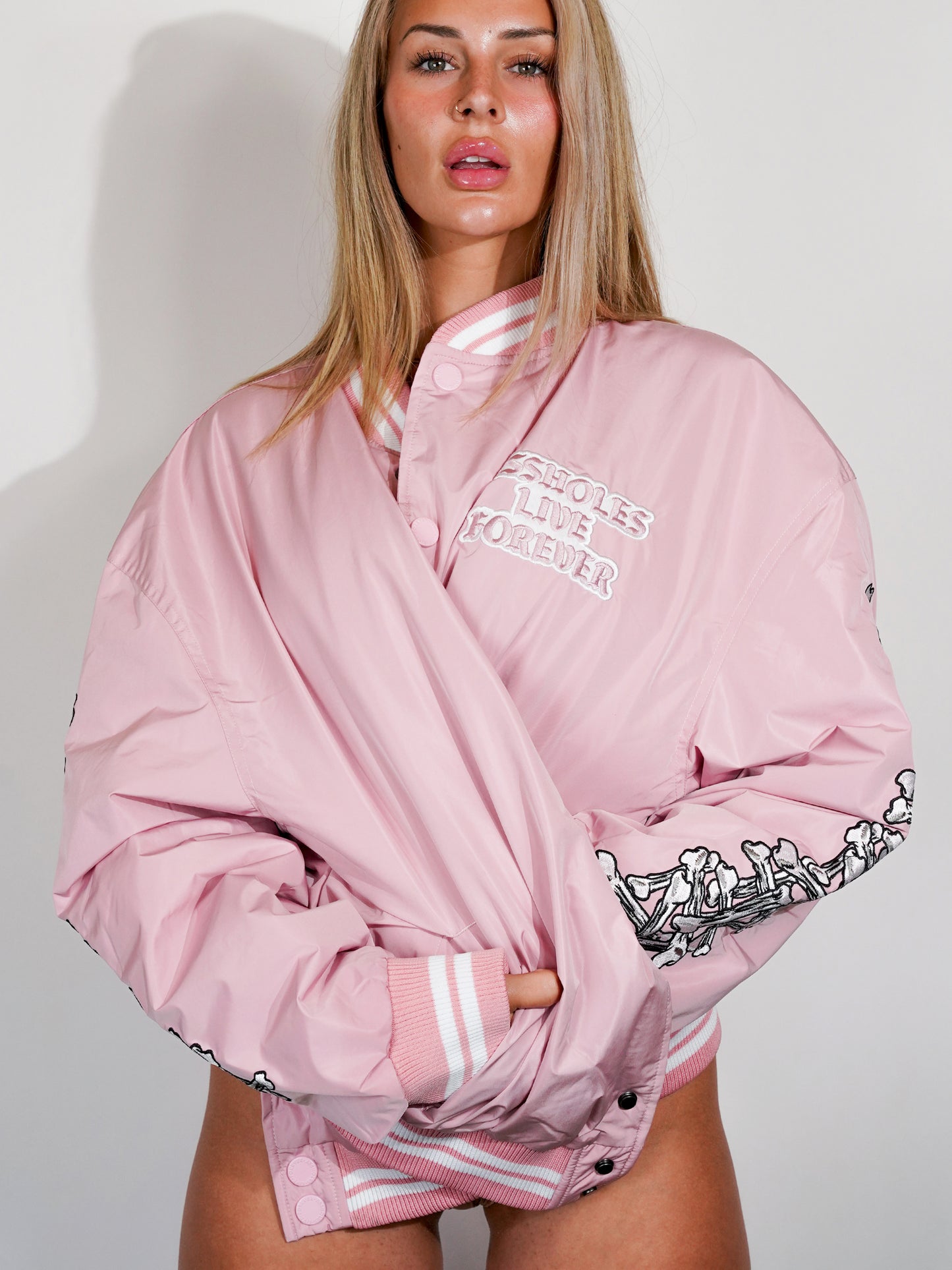 A.L.F. - CROSSBONES UNISEX PINK BOMBER JACKET