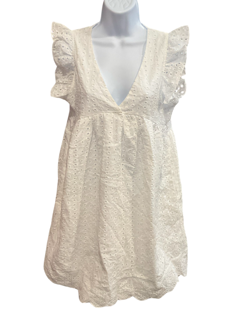 White Eyelet Baby Doll Dress With Ruffle Sleeves