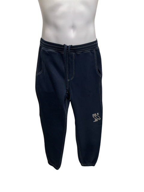 OVO- NAVY BLUE SWEATPANTS WITH WHITE STITCHING.