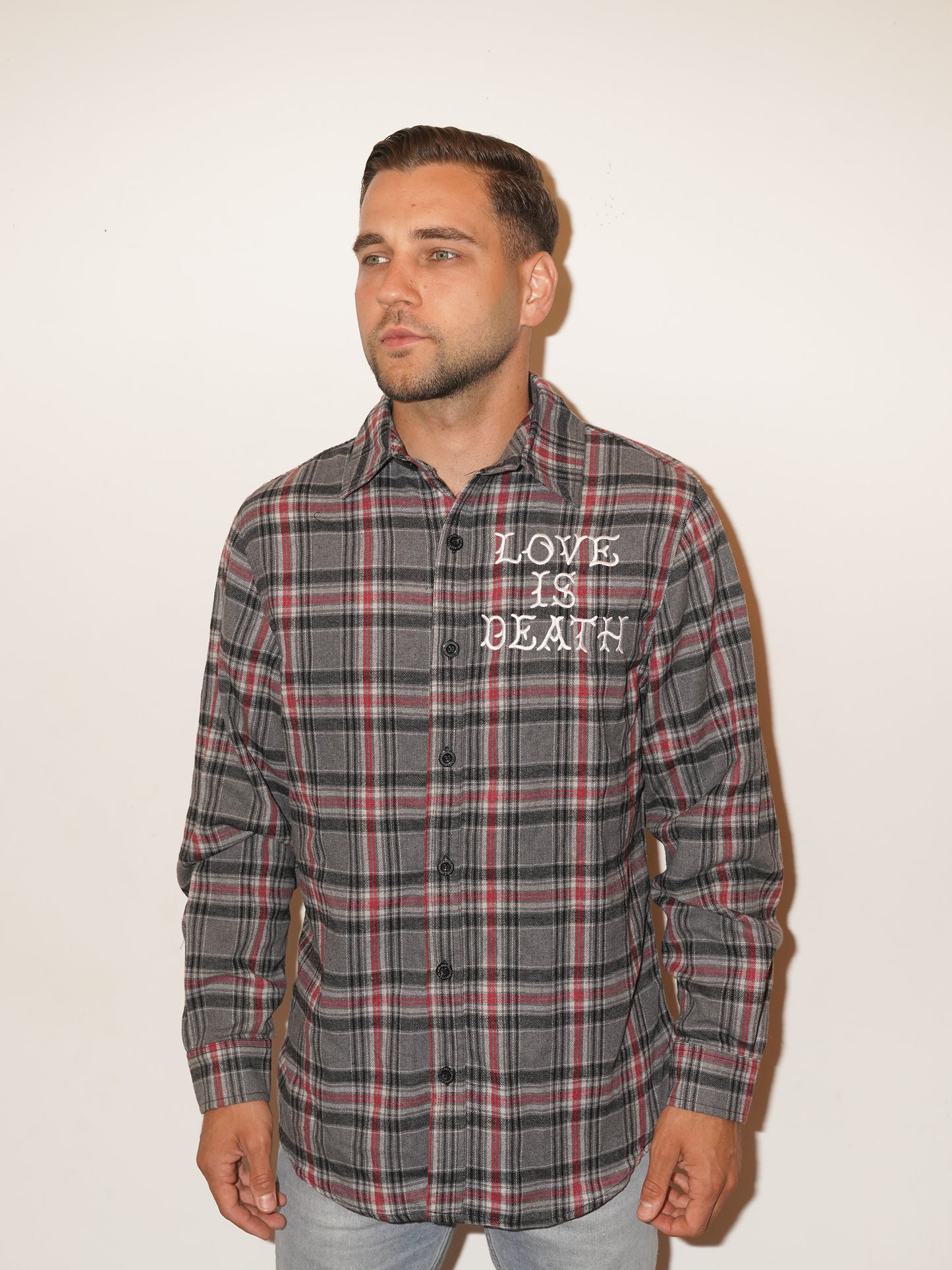 A.L.F. LOVE IS DEATH UNISEX EMBROIDERED GREY RED FLANNEL LONG SLEEVE