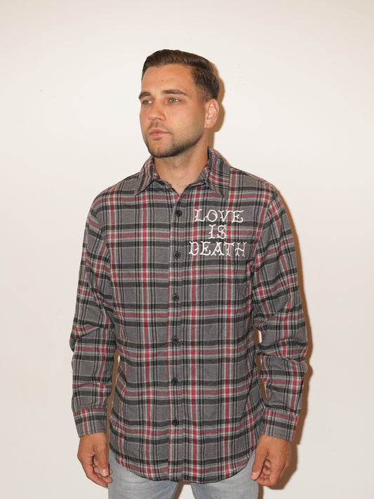 A.L.F. LOVE IS DEATH UNISEX EMBROIDERED GREY RED FLANNEL LONG SLEEVE