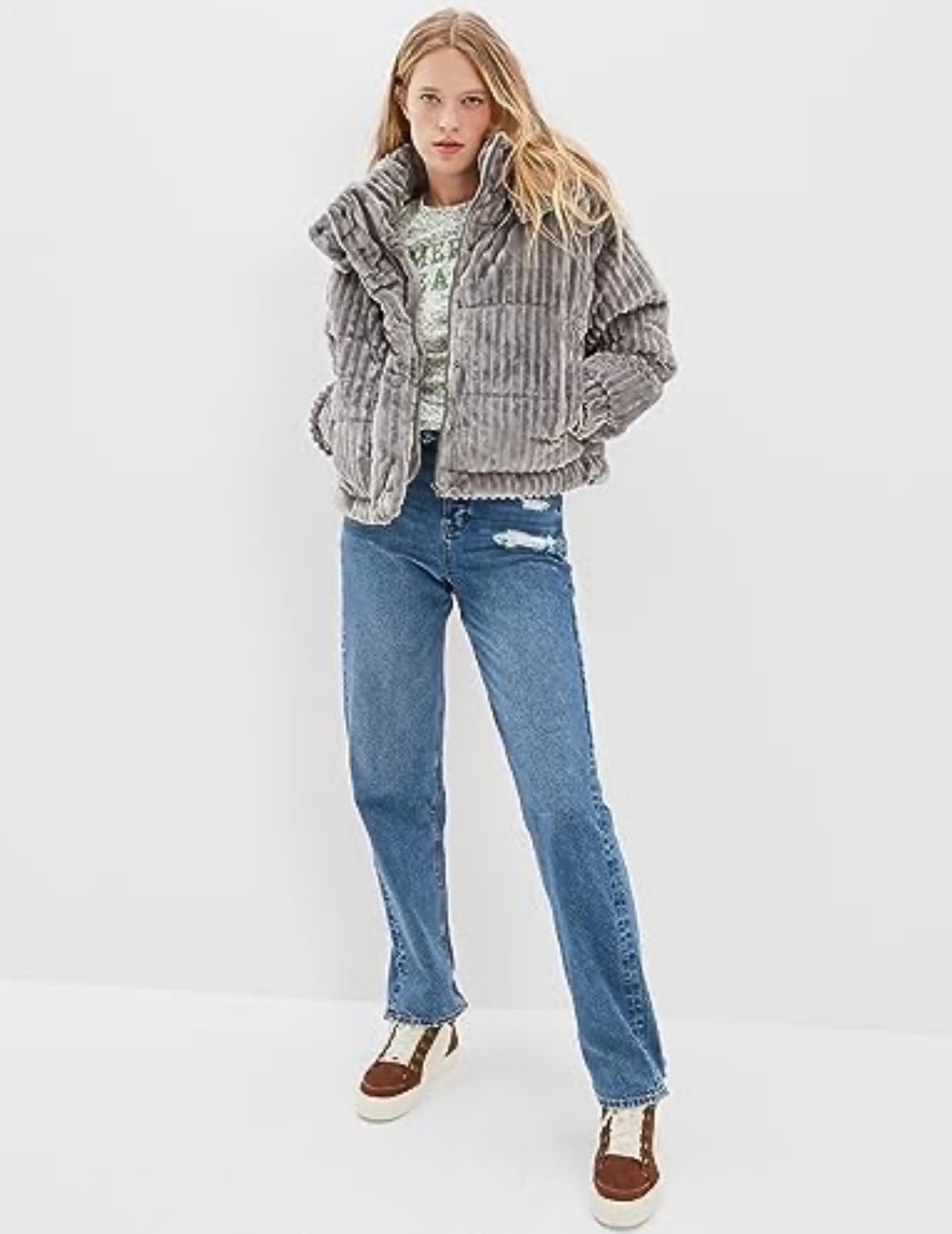American Eagle - Grey Faux Fur Cozy Jacket with Hood