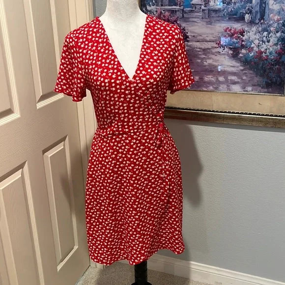 Red Wrap Dress/ White Flowers.