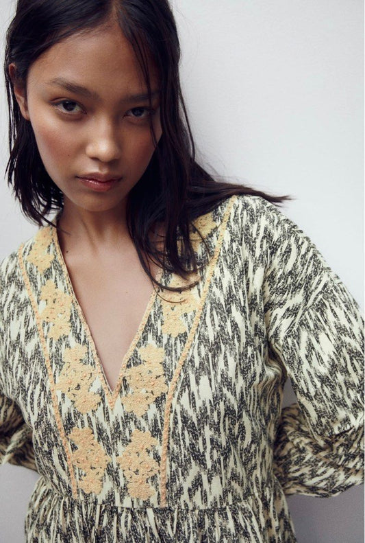 Zara Knee Length Dress/ Black & Tan with Embellishment