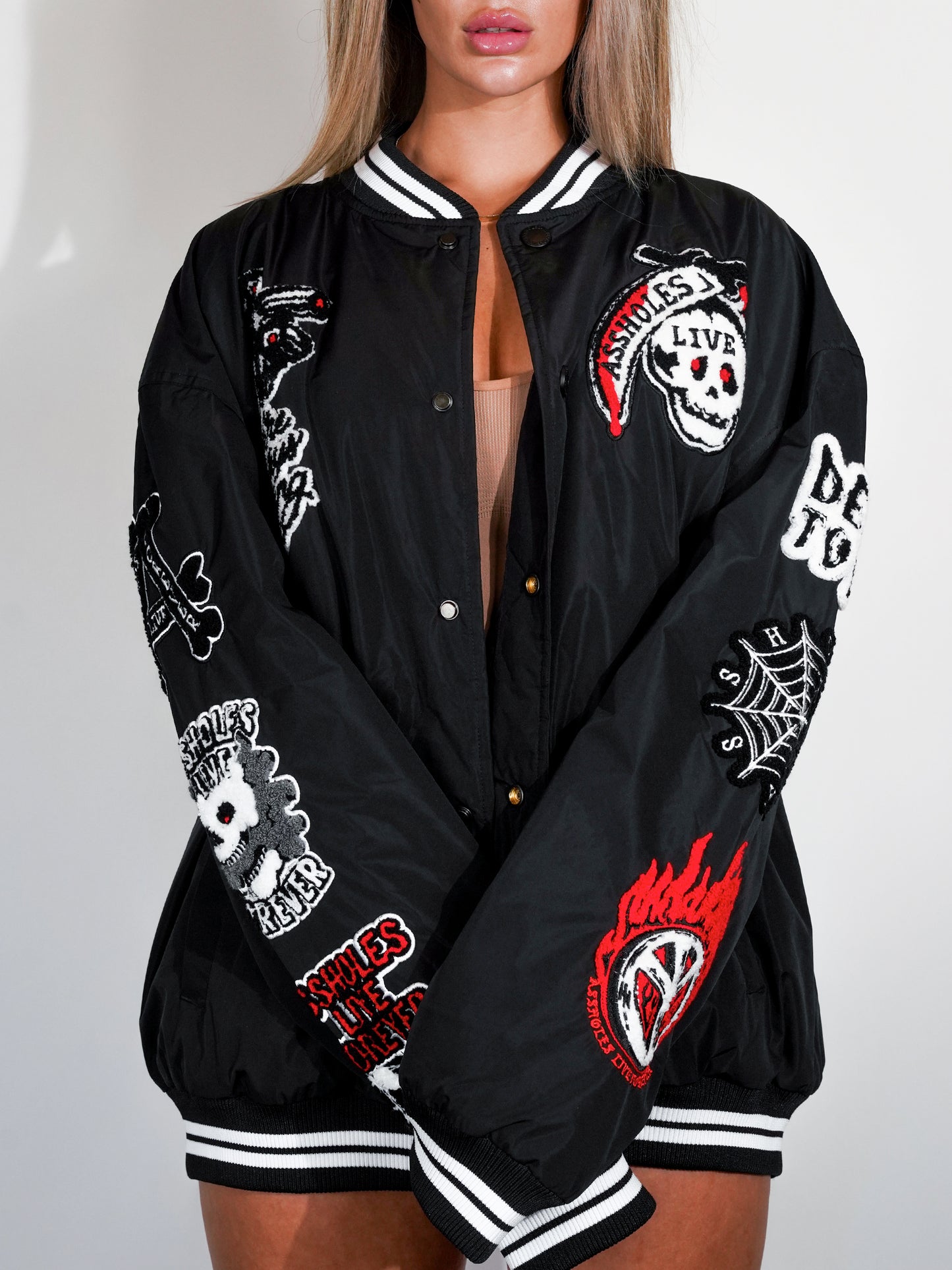 BLACK CHENILLE VARSITY JACKET WITH PATCHES