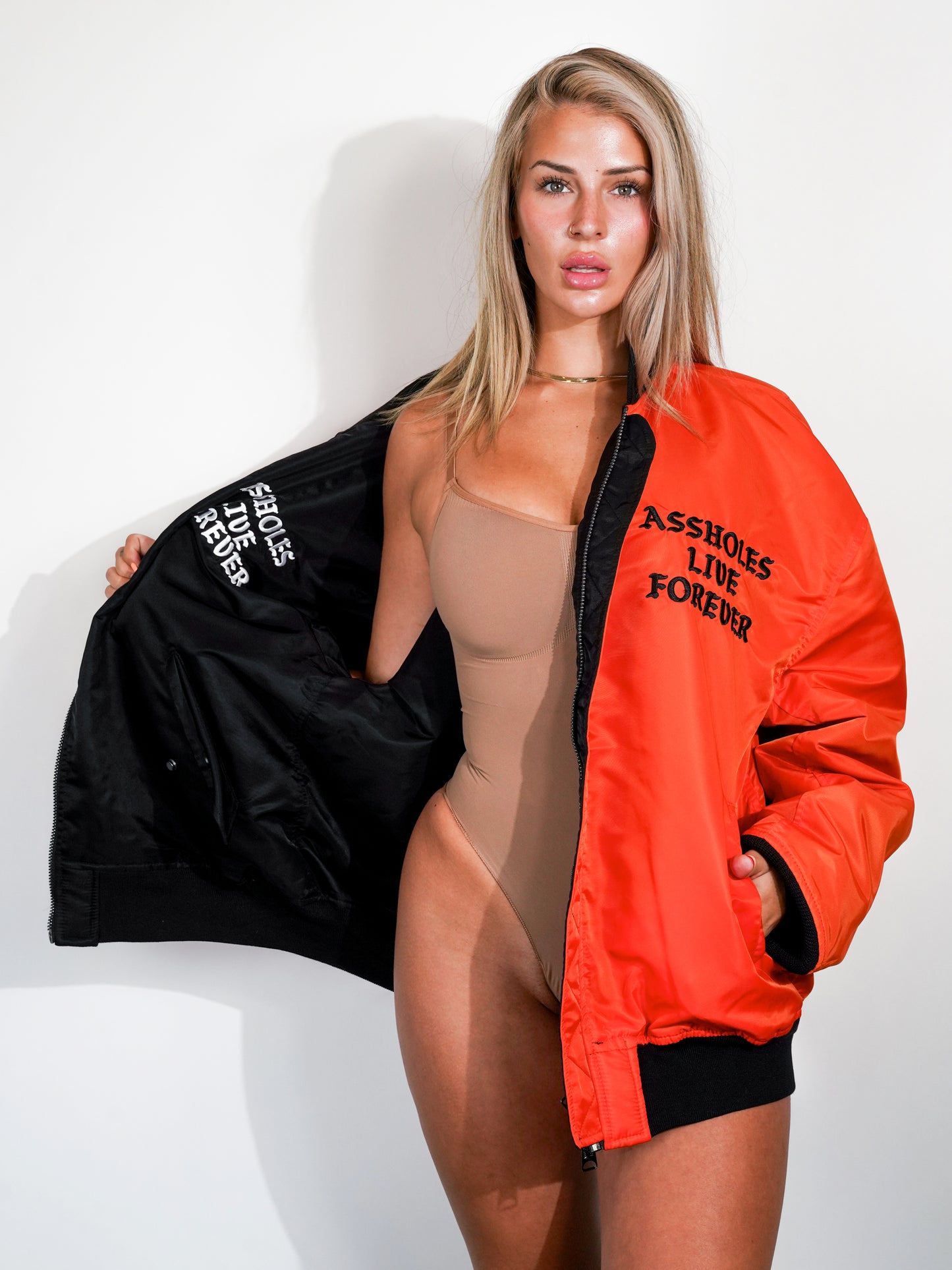 A.L.F. UNISEX BLACK ORANGE REVERSIBLE BOMBER JACKET