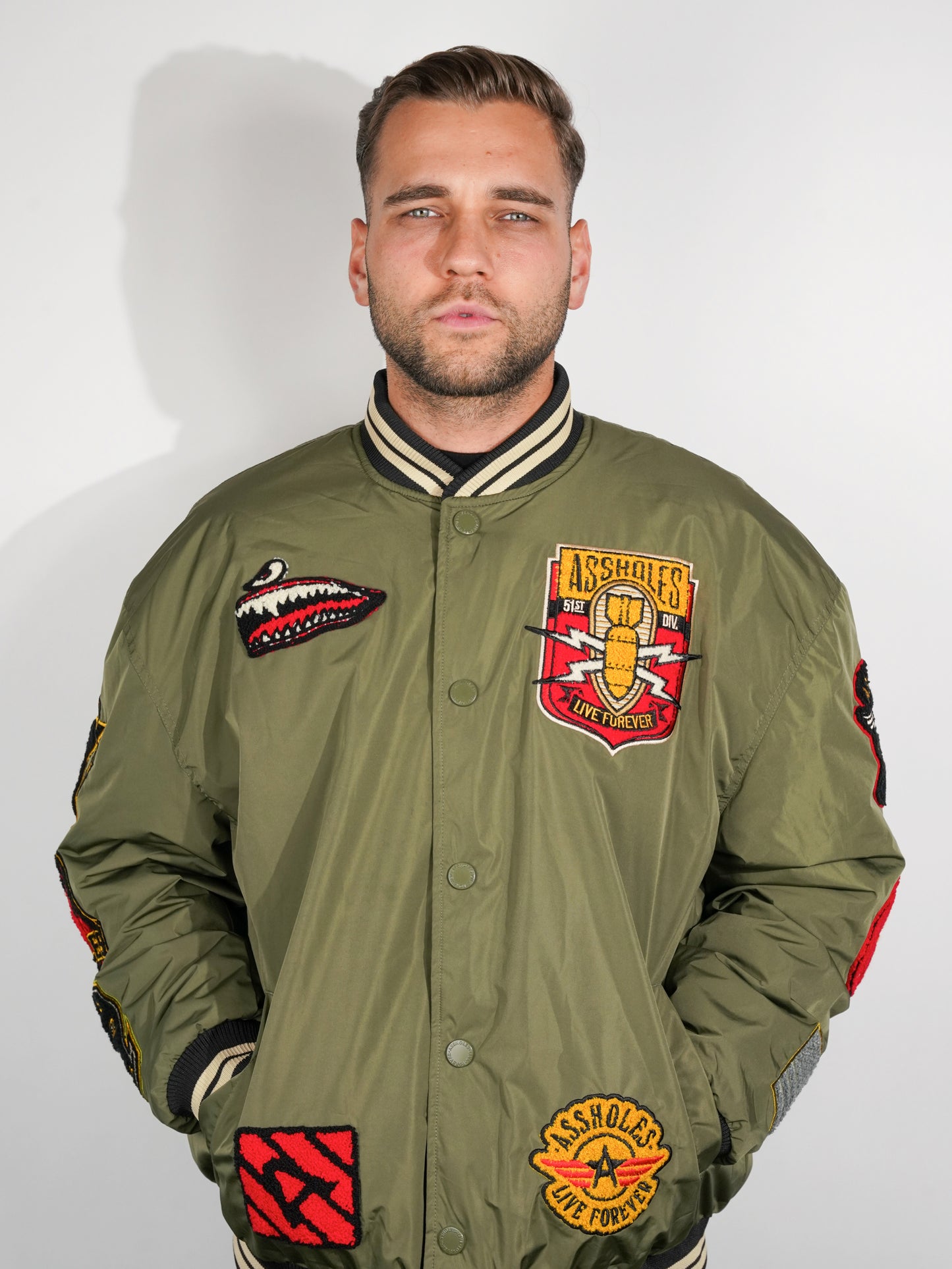 A.L.F. ARMY GREEN CHENILLE VARSITY JACKET W PATCHES