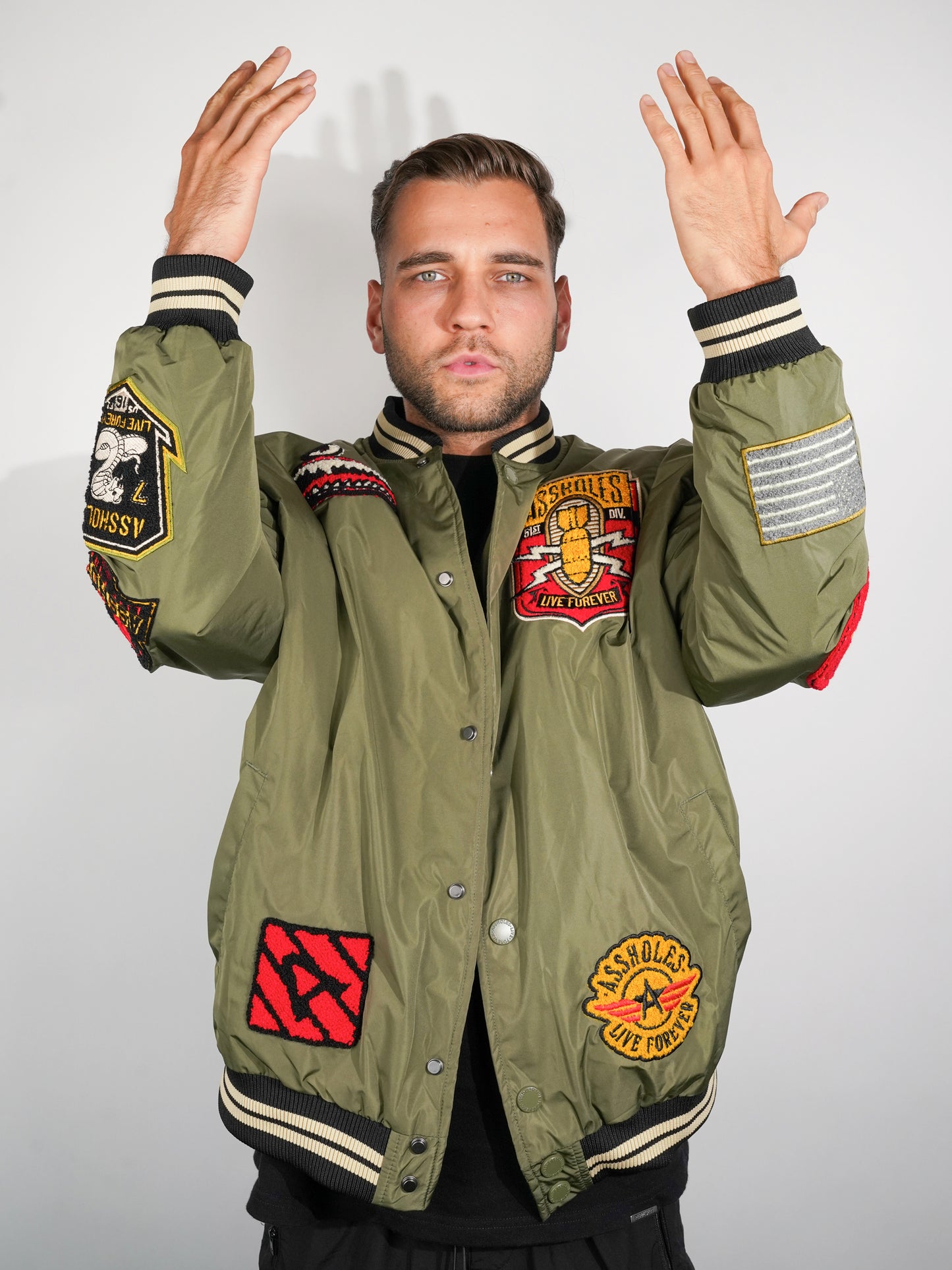 A.L.F. ARMY GREEN CHENILLE VARSITY JACKET W PATCHES