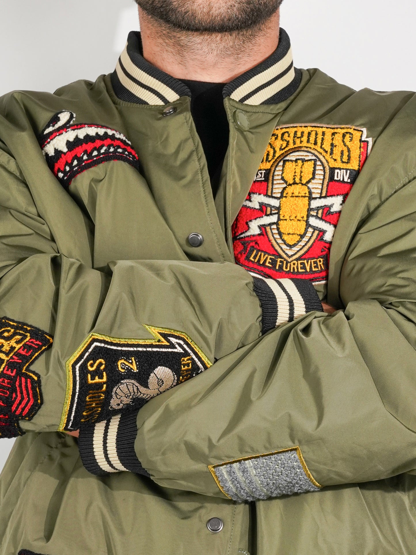 A.L.F. ARMY GREEN CHENILLE VARSITY JACKET W PATCHES