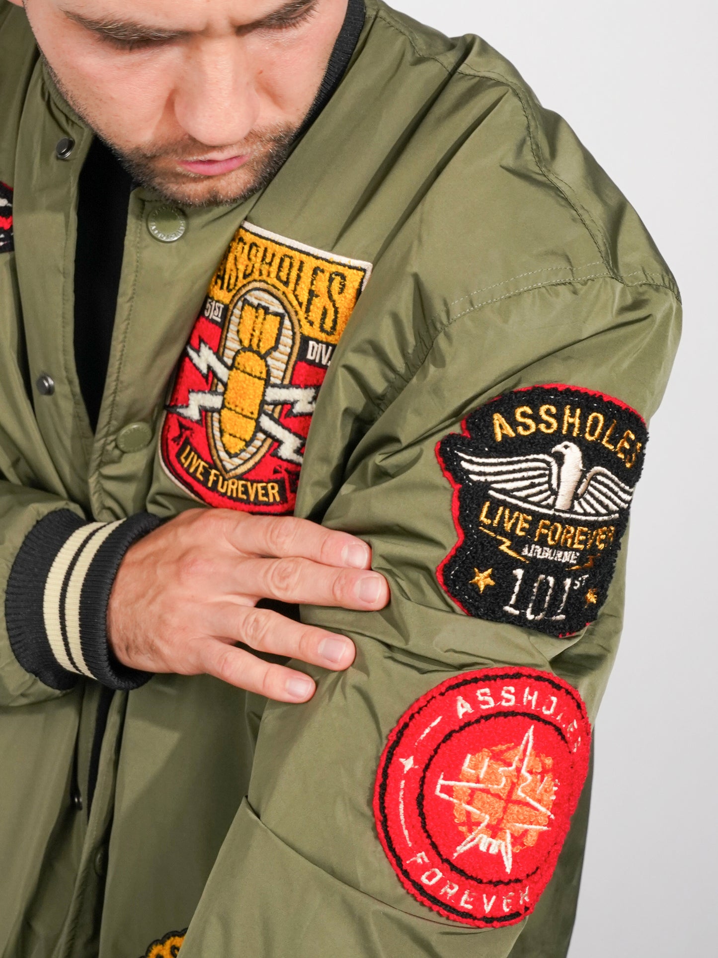 A.L.F. ARMY GREEN CHENILLE VARSITY JACKET W PATCHES