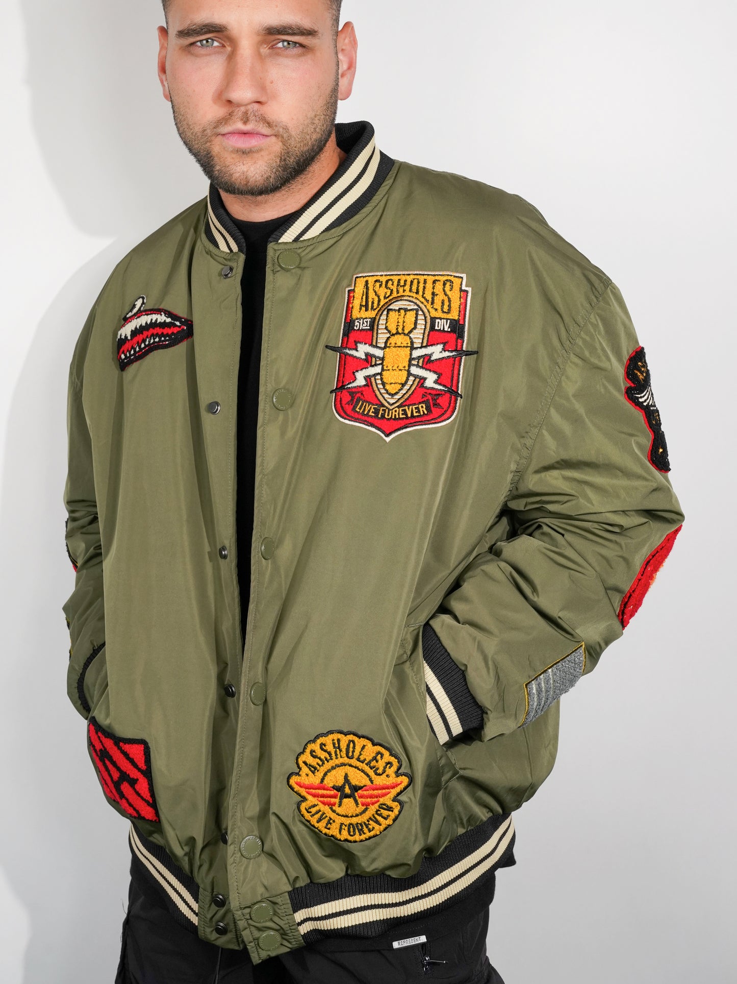 A.L.F. ARMY GREEN CHENILLE VARSITY JACKET W PATCHES