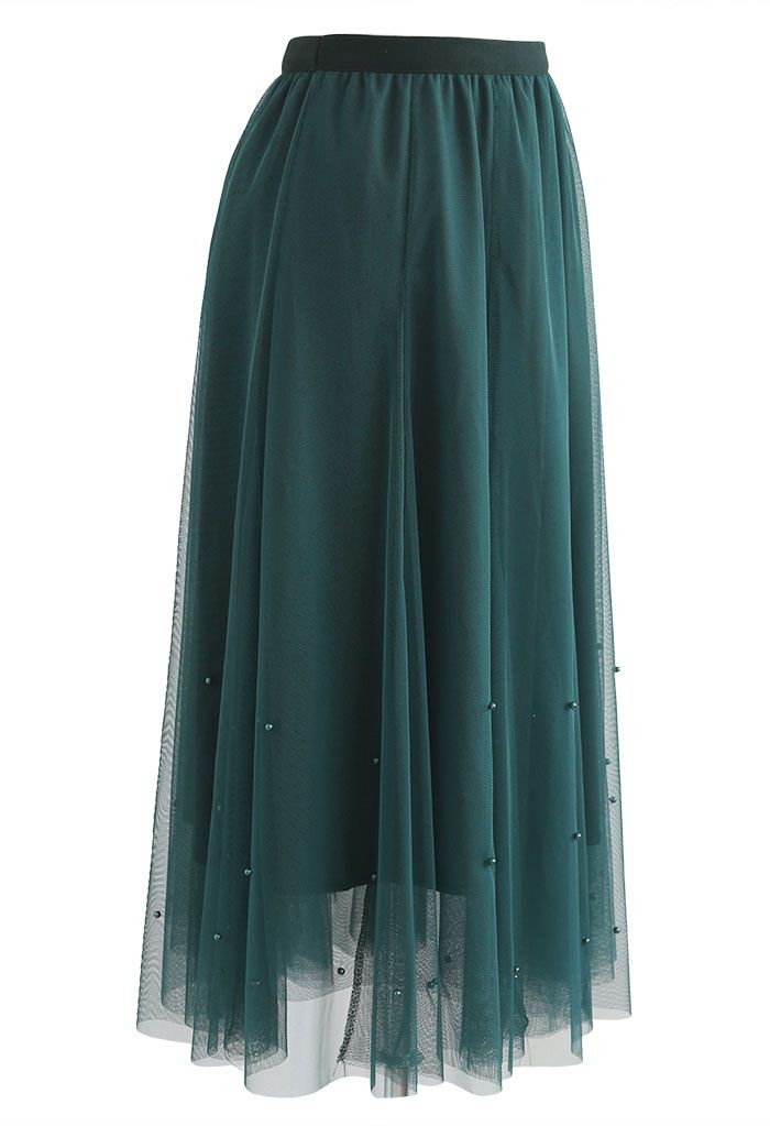 Green Pearl Embellished Skirt/ Tulle Overlay