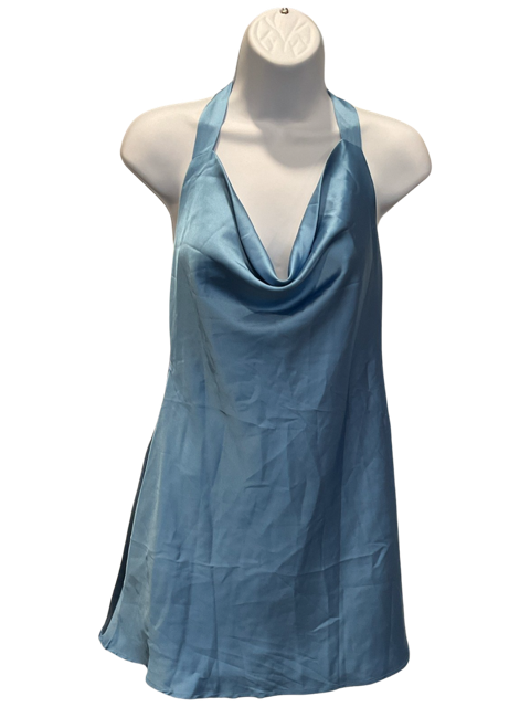 Canton Walker Women's Cowl Neck Halter neck Slip On Backless Blue Satin Mini Dress