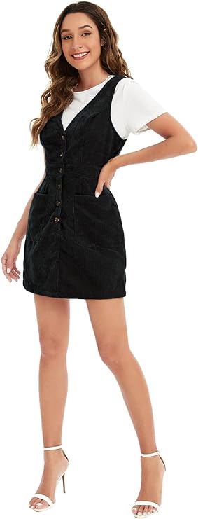 Floerns Women's V Neck Sleeveless Black Corduroy Button Pinafore Overall Mini Dress