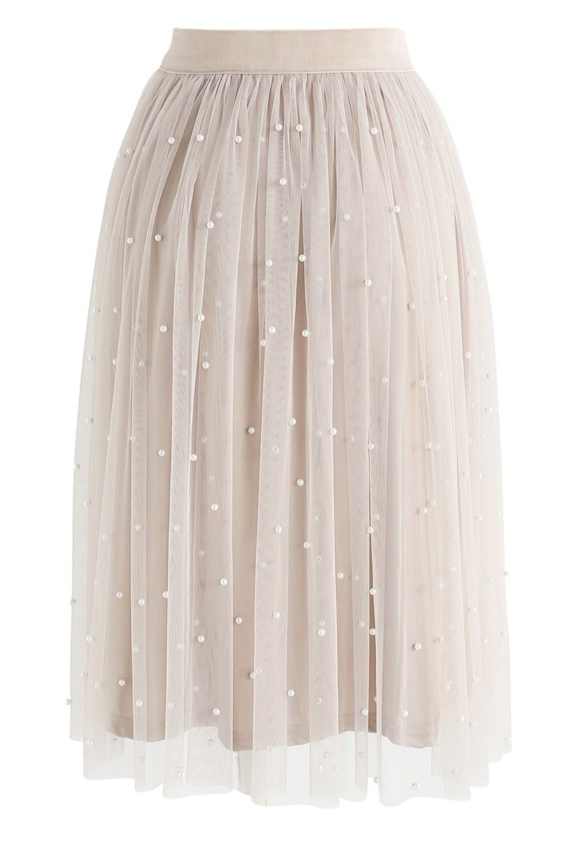 Beige Tulle Overlay with Pearl Embellishment