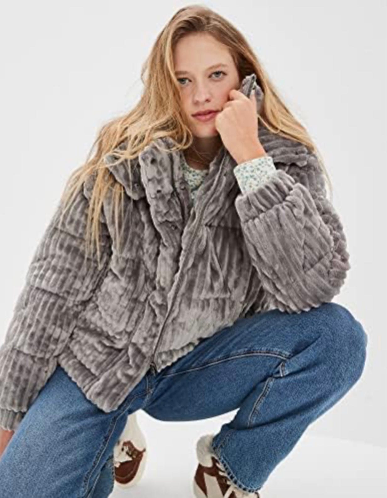 American Eagle - Grey Faux Fur Cozy Jacket with Hood