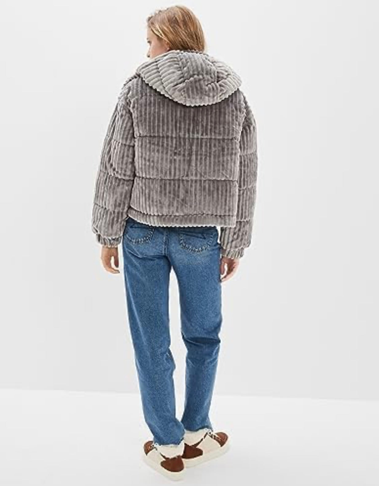 American Eagle - Grey Faux Fur Cozy Jacket with Hood