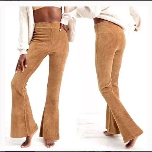 Aerie Groove-On Rib Velour Flare Pants/ Tan