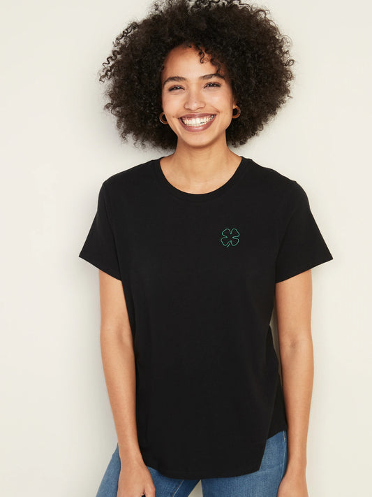 Old Navy - Metallic Embroidered Shamrock Short Sleeve Black T-Shirt