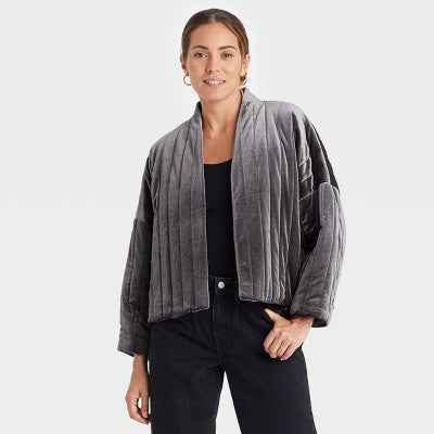 A New Day Gray Quilted Velvet Short Duster Jacket