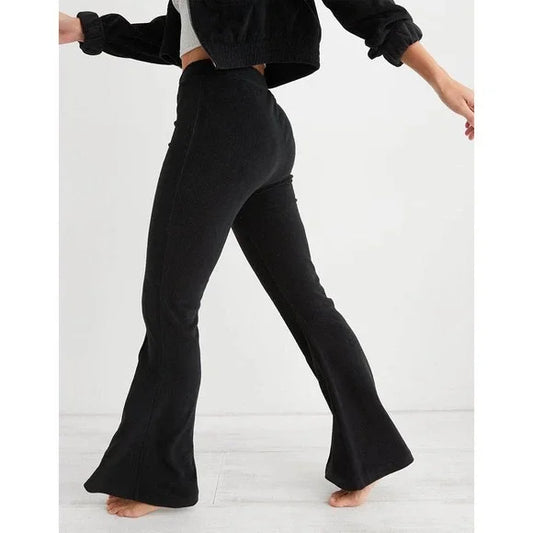 Aerie Groove-On Rib Velour Flare Pants/ Black