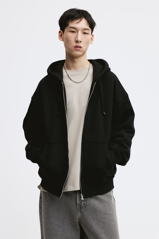 H&M - OVERSIZED FIT BLACK ZIP-UP HOODED SWEATER