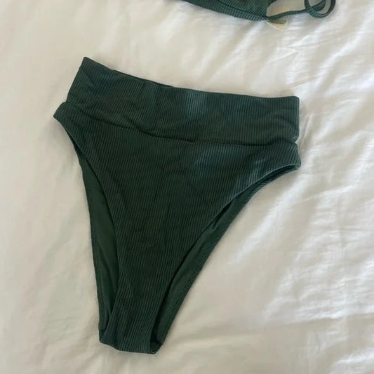 Aerie High Cut Bikini Bottom Ribbed/ Green