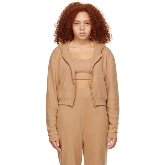 SKIMS Waffle Zip Up Hoodie in Ochre Camel