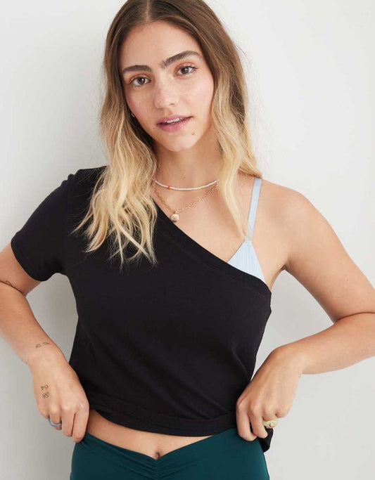 Aerie One Shoulder Baby T-Shirt/ Black