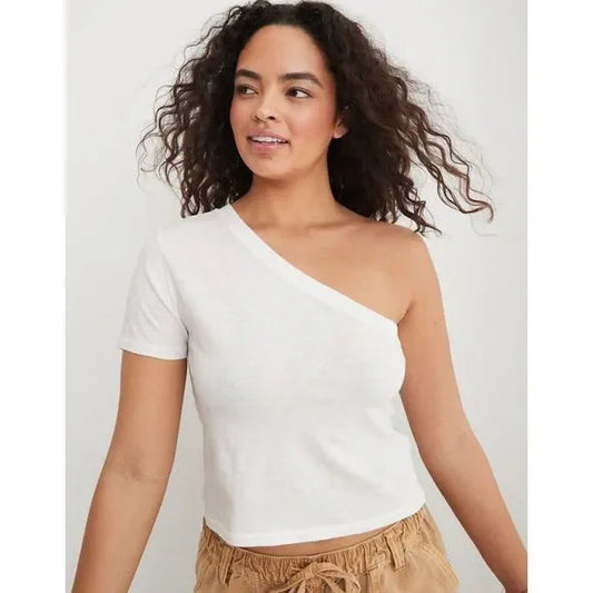 Aerie One Shoulder Baby T-Shirt/ White