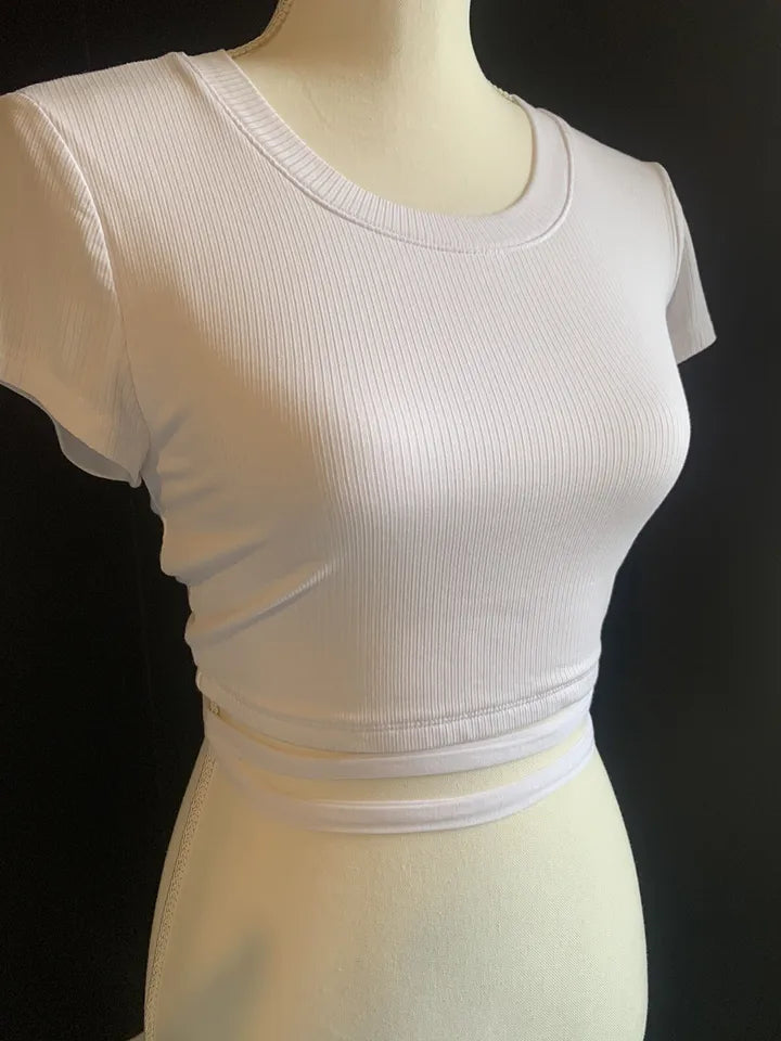 Aerie White Ribbed Cropped Wrap Around The Waist Open Back T-Shirt