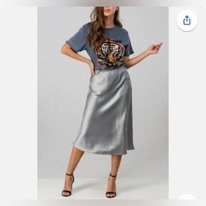 A New Day - Silver Satin Midi Skirt