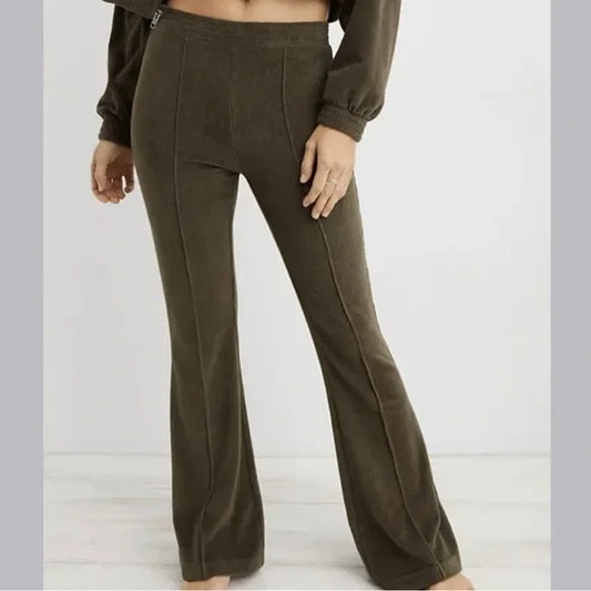 Aerie Groove-On Rib Velour Flare Pants/ Olive